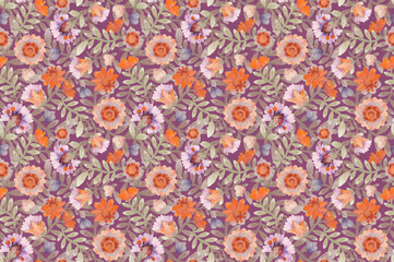 Background. Bright floral ornament. Orange and lilac colors. Raster illustration for scrapbooking, wrapping, packaging, postcard. Printing on paper and fabric.