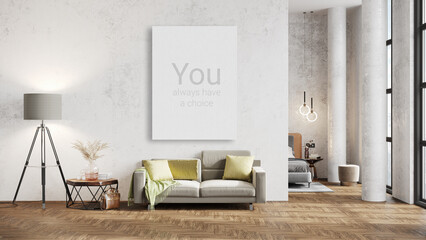 Mock up poster frame in modern interior background, living room, Boho - Scandinavian style, 3D render, 3D illustration