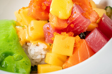 Raw fish poke bowl  with sauce