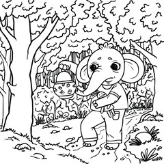 illustration coloring book cute cartoon elephant walks through the forest at night with a lantern. linear drawing. 