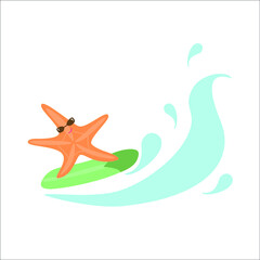 Obraz na płótnie Canvas Starfish on the surf with a cocktail. Cartoon character illustration vector
