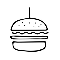 Black hand-drawn outline vector illustration of a hamburger isolated on a white background for holiday or dinner for cooking book