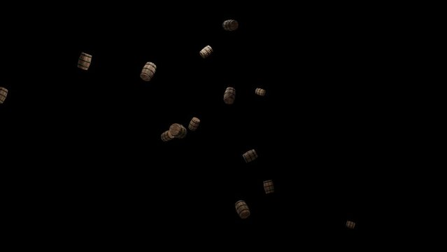 Falling and rotating barrels on a dark background, 3D animation