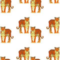 Seamless pattern of an adult Bengal tiger on a white background.