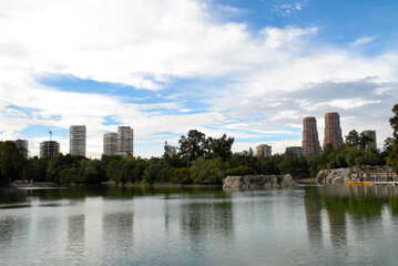 Fototapeta na wymiar chapultepec lake in mexico city, panoramic view of chapultepec lake with blue sky