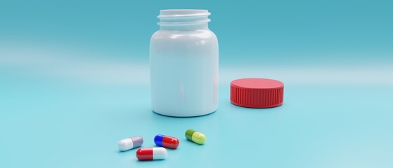 Capsule, pill misc color and white medicine bottle with lid on light blue background. 3d render