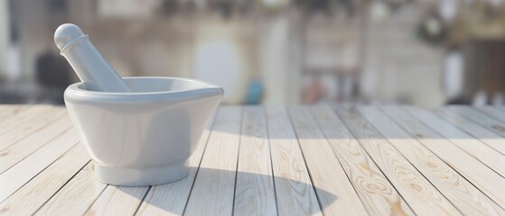 Mortar and pestle on wooden table, blur background. Overhead view, copy space, banner. 3d render - obrazy, fototapety, plakaty