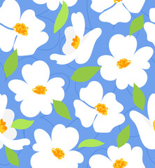 Fototapeta na wymiar Spring dogwood flowers seamless pattern. Seasonal Floral Background for Wedding Invitation, Fabric, Wallpaper, Print. Botanical flat style vector illustration