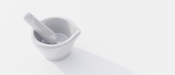 Porcelain mortar and pestle isolated on white background. Overhead view copy space banner. 3d render