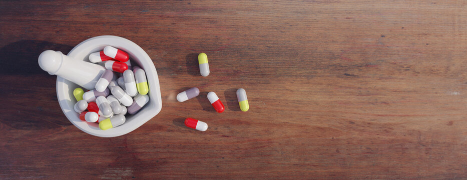 Medicine Capsule Pharmaceutical Laboratory, Mortar And Pestle With Pill, Overhead View. 3d Render