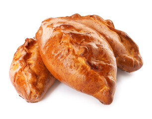 Many delicious baked patties on white background