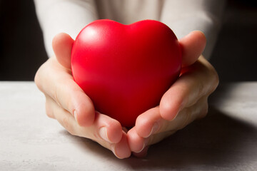 Woman hands holding red heart, health care, love, organ donation, family insurance and CSR concept. World heart day, world health day, foster home care