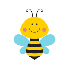 Cute flying bee. Happy smiling cartoon insect isolated on white background. Icon, logo. Vector illustration
