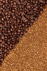 Roasted coffee beans and freeze-dried coffee are scattered forming a diagonal line, background - 488425958