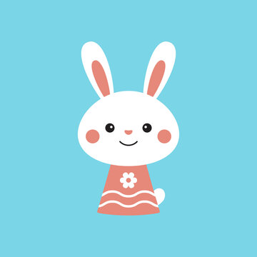 Cute cartoon rabbit. White smiling bunny isolated on blue background. Vector
