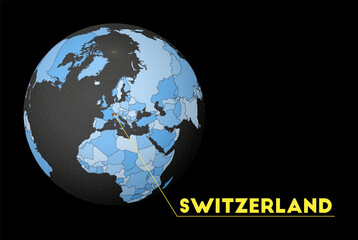 Switzerland on dark globe with blue world map. Red country highlighted. Satellite world view centered to Switzerland with country name. Vector Illustration.