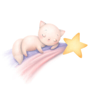 Illustration of cute animals sweet dreams. Good night cat.