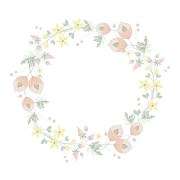 Floral frame. Elegant lovely retro flowers in a wreath shape perfect for banner, wedding invitations, greeting cards, wedding decor in pastel colors on a white background