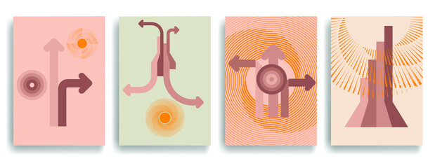 Modern poster with minimalist design elements . Retro lines and grunge textured circles in Boho style  . Wall art , home deco . Vector abstract shape.