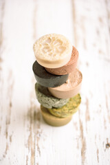 natural eco beauty handmade herbal soap. luffa sponge, clay for making facial or body mask