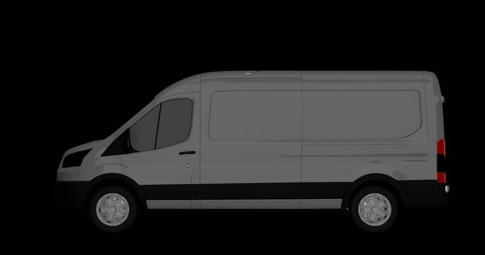 Cargo van with rotating wheels on a dark background, 3D animation