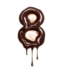 Number 8 with dripping drops is made of melted chocolate