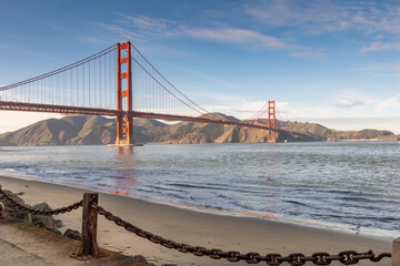 A View of the Golden Gate Bridge in San Francisco From Crissy FIeld With Rusty Link Chain Fence in the Foreground - 488428507