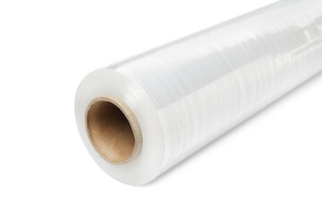 Roll of plastic stretch wrap film isolated on white, closeup