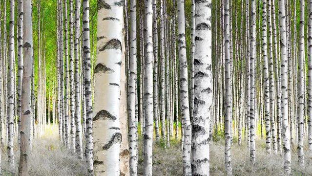 Seamless panning of birch forest in early summer