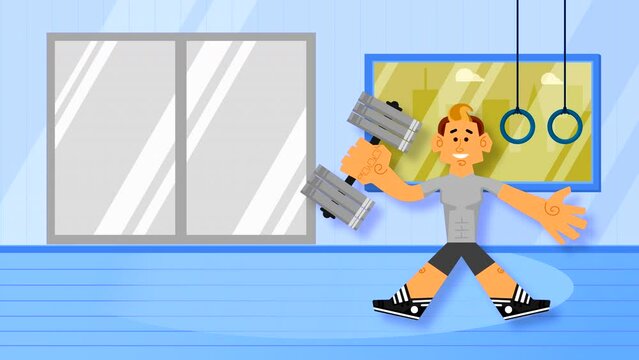 A man with big hands goes in for sports in the gym, shakes his muscles with a barbell. Looped animation with drawn elements and close-up of the character.