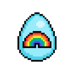 Easter egg painted blue decorated with a rainbow symbol sticker, 8 bit icon isolated on white background. Old school vintage retro 80s, 90s 2d video game, slot machine graphics.