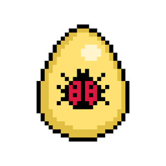 Easter egg painted yellow decorated with a red ladybug sticker, 8 bit icon isolated on white background. Old school vintage retro 80s, 90s 2d video game, slot machine graphics.