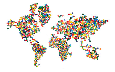 The concept of global plastic pollution. World map with plastic caps on the continents.