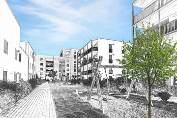 Drawing sketch of a residential area with modern apartment buildings, new green urban landscape in the city