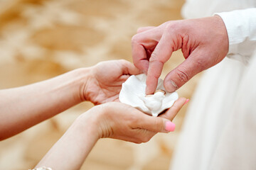 Holding wedding rings. Noble metal jewellery for married couples.Wedding ceremony and planing.Holding traditional bridal commitment jewellery.Golden ring for bride and groom.Marriage proposal exchange