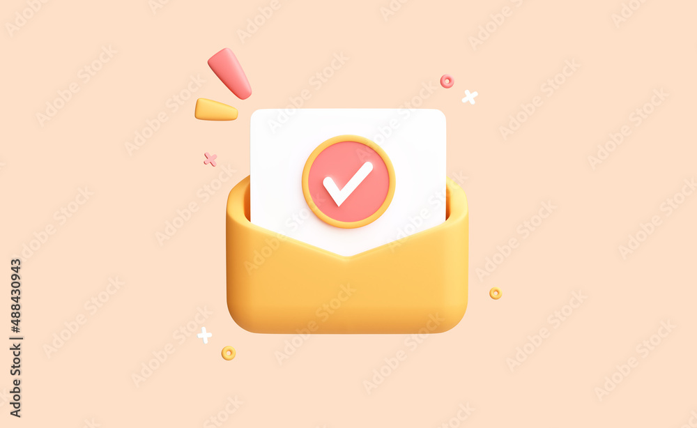Fototapete Letter with a check mark or confirmation in an open envelope. Approval concept. Realistic icon. Isolated on background. 3D Rendering