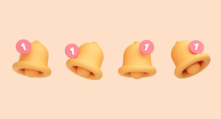 3D Bell Notification icon. One reminder notification. Set icon in cartoon design isolated on background. Yellow or Gold. 3D Rendering