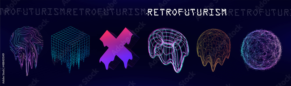 Poster old retrowave 3d trendy shapes. retrofuturistic circle glitch and fluid effects. holographic illumin