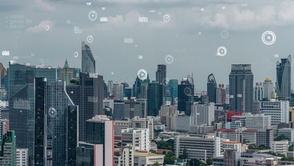 Business data analytic interface fly over smart city showing alteration future of business intelligence. Computer software and artificial intelligence are used to analyze big data for strategic plan .