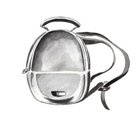 Black watercolor backpack on a white background. Hand painted watercolor.