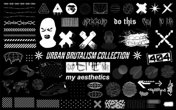 Acid graphic set, trendy urban elements, brutalism graphic shapes, emblems crime urban life, abstract geometric shapes for merch, t-shirt, typographic and prints. Acid, brutalism, underground. Vector