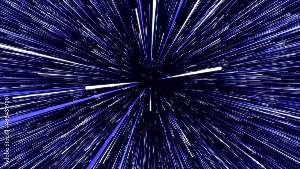Poster Abstract blue hyper jump. Digital hyperspace with flow of bright particles. Beams motion in galaxy. Big stars explosion. Space glowing tunnel moving at the speed of light. 3d rendering.
