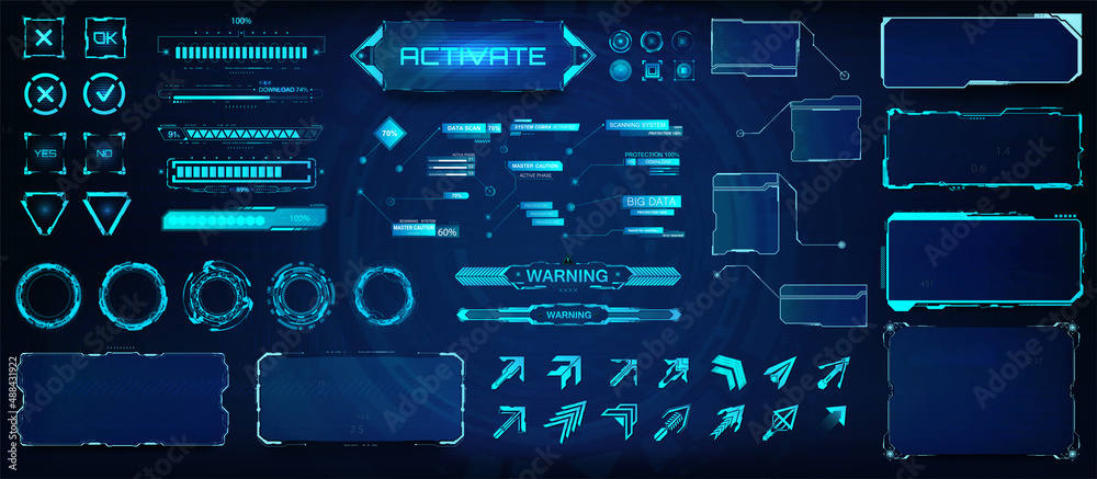 Poster Sci-fi futuristic user interface HUD for games, UI, UX, KIT and Web design. Digital interface elements, frames, arrows, callouts titles, fui circle set, lines, arrows, loading bar. HUD mockups UI, GUI