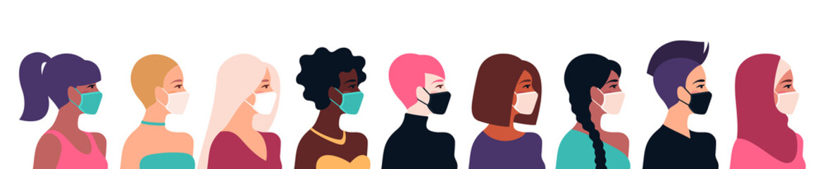 Coronavirus quarantine anxiety concept. Woman different cultures wearing medical mask. Vector illustration. Girl different nationalities, faces profile. Prevent disease, flu, air pollution