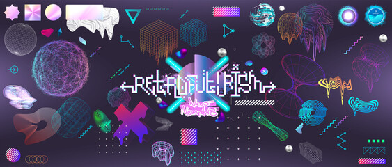 Obraz premium Trendy retrofuturistic geometric 3D shapes set. Futuristic set in in vaporwave style from 80s-90s. Old wave cyberpunk style. Shapes 3D, geometric elements for with neon and glitch effect. Vector set