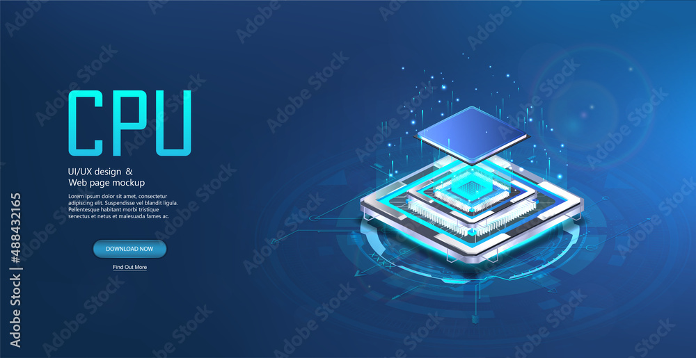 Poster CPU computer processor in isometric view. Technological chip of the latest generation, the concept of innovative technologies, microprocessors, motherboard, CPU, circuit board. 3D digital chip. Vector