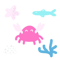 Crab, starfish, corals, fish. Sea life illustration. Cute cartoon character. Colorful nursery kids nautical marine design element