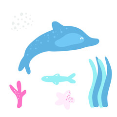 Dolphin, corals, algae, starfish. Sea life illustration. Cute cartoon character. Colorful nursery kids nautical marine design element