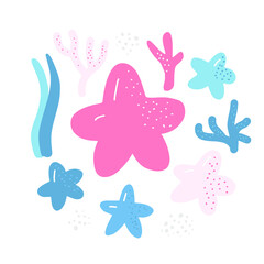 Starfish, algae, corals. Sea life illustration. Cute cartoon character. Colorful nursery kids nautical marine design element