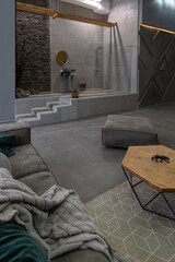brutal ultra trendy interior design of an open-plan apartment with an open shower decorated with gray stone